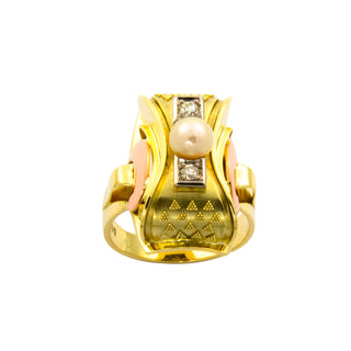 Vintage Perlenring aus Gelb-, Rot- und Weißgold mit Brillant