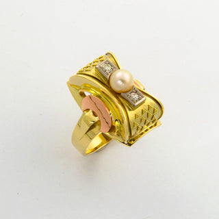 Vintage Perlenring aus Gelb-, Rot- und Weißgold mit Brillant