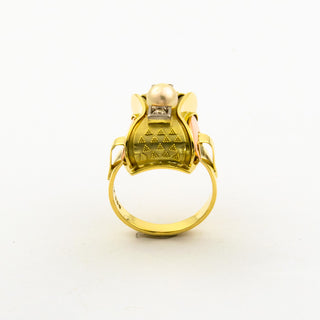 Vintage Perlenring aus Gelb-, Rot- und Weißgold mit Brillant