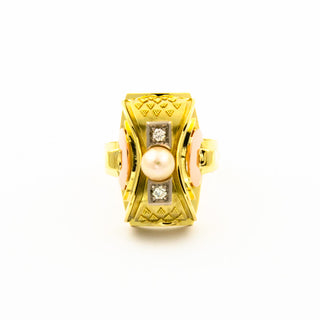 Vintage Perlenring aus Gelb-, Rot- und Weißgold mit Brillant