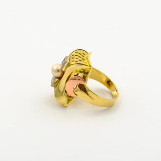 Vintage Perlenring aus Gelb-, Rot- und Weißgold mit Brillant