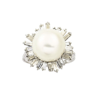 Vintage Perlenring aus Weißgold mit Diamant