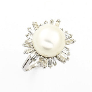 Vintage Perlenring aus Weißgold mit Diamant