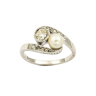 Art Déco Toi-et-Moi Ring aus Weißgold mit Perle und Diamant