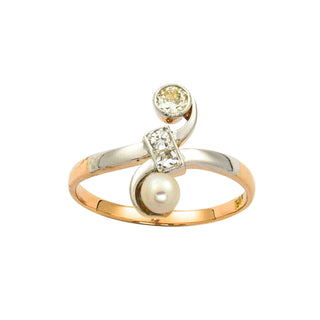 Art Déco Perlenring aus Rot- und Weißgold mit Brillant und Diamant