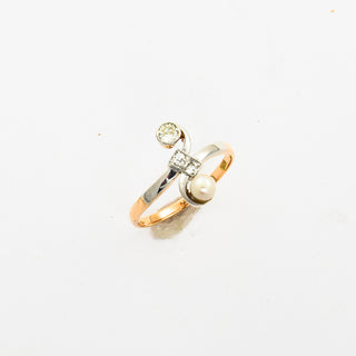 Art Déco Perlenring aus Rot- und Weißgold mit Brillant und Diamant