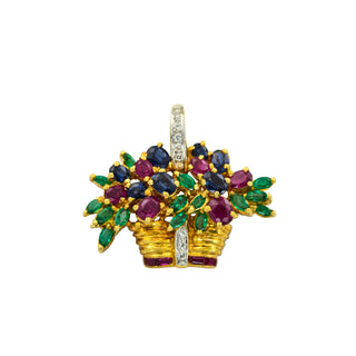 Rubinanhänger Blumenkorb aus 750 Gelbgold mit Saphir und Smaragd, nachhaltiger second hand Schmuck perfekt aufgearbeitet