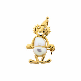 Anhänger/Brosche Harlekin aus 585 Gelbgold mit Perle und Diamant, nachhaltiger second hand Schmuck perfekt aufgearbeitet