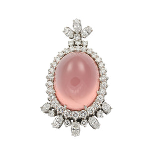 Kettenanhänger aus 750 Weißgold mit Rosenquarz, Diamant und Brillant, hochwertiger second hand Schmuck perfekt aufgearbeitet