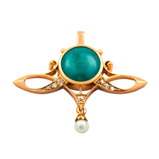 Anhänger aus 585 Rotgold mit Jade, Diamant und Perle, nachhaltiger second hand Schmuck perfekt aufgearbeitet