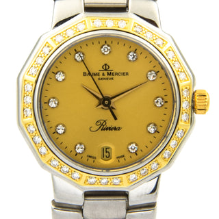 Baume & Mercier Riviera Quarzwerk mit Edelsteinbesatz, Datumsanzeige, Zentralsekunde und verschraubter Gehäuseboden, gebrauchte Luxusuhr im Top-Zustand