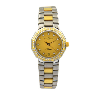 Baume & Mercier Riviera Quarzwerk mit Edelsteinbesatz, Datumsanzeige, Zentralsekunde und verschraubter Gehäuseboden, gebrauchte Luxusuhr im Top-Zustand
