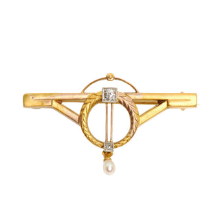 Perlenbrosche aus 585 Gelb- und Weißgold mit Brillant, nachhaltiger second hand Schmuck perfekt aufgearbeitet
