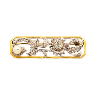 Brosche aus 585 Gelb- und Weißgold mit Perle, Brillant und Diamant, nachhaltiger second hand Schmuck perfekt aufgearbeitet