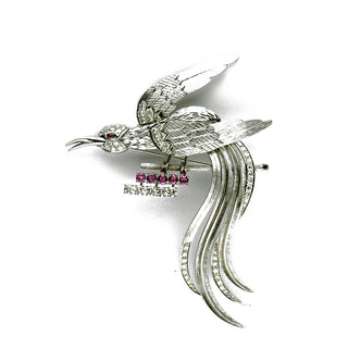 Brosche Vogel aus 750 Weißgold mit Rubin, Brillant und Diamant, hochwertiger second hand Schmuck perfekt aufgearbeitet
