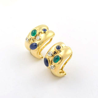 Cantelli Saphirohrstecker aus 585 Gelbgold mit Smaragd und Brillant, nachhaltiger second hand Schmuck perfekt aufgearbeitet