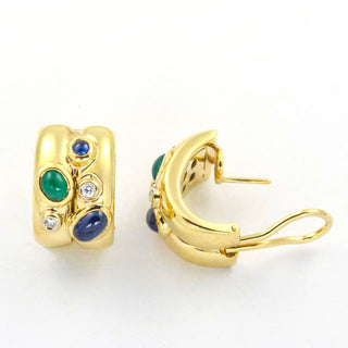 Cantelli Saphirohrstecker aus 585 Gelbgold mit Smaragd und Brillant, nachhaltiger second hand Schmuck perfekt aufgearbeitet