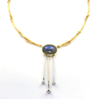 Collier aus 585 Gelb- und Weißgold mit Labradorit und Brillant, nachhaltiger second hand Schmuck perfekt aufgearbeitet