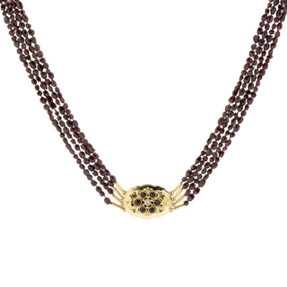 Vierreihige Granatkette mit Schließe aus 585 Gelbgold mit Granaten und Brillant, nachhaltiger second hand Schmuck perfekt aufgearbeitet