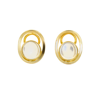 Ohrclips aus 750 Gelbgold mit Mondstein, nachhaltiger second hand Schmuck perfekt aufgearbeitet