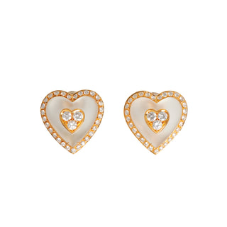 Ohrclips Herzen aus 750 Gelb- und Weißgold mit Bergkristall und Brillant, nachhaltiger second hand Schmuck perfekt aufgearbeitet