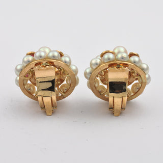 Ohrclips aus 585 Rotgold mit Rubin und Perle, hochwertiger second hand Schmuck perfekt aufgearbeitet