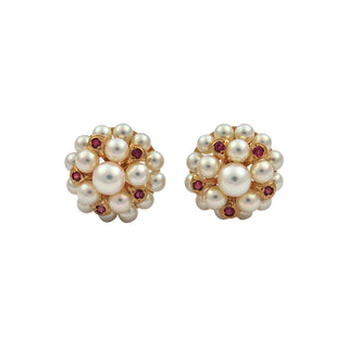 Ohrclips aus 585 Rotgold mit Rubin und Perle, hochwertiger second hand Schmuck perfekt aufgearbeitet
