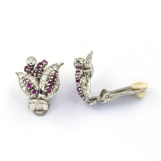 Rubinohrclips aus 585 Weißgold mit Diamant und Brillant, nachhaltiger second hand Schmuck perfekt aufgearbeitet