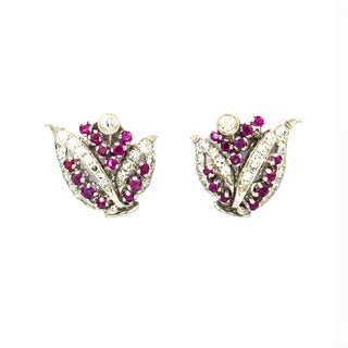 Rubinohrclips aus 585 Weißgold mit Diamant und Brillant, nachhaltiger second hand Schmuck perfekt aufgearbeitet