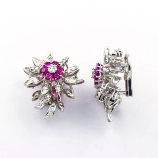 Rubinohrclips aus 750 Weißgold mit Brillant und Diamant, nachhaltiger second hand Schmuck perfekt aufgearbeitet