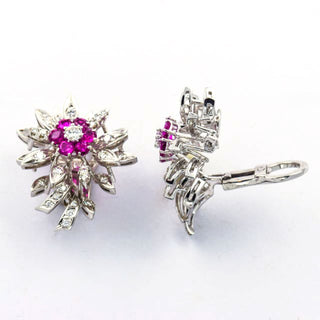 Rubinohrclips aus 750 Weißgold mit Brillant und Diamant, nachhaltiger second hand Schmuck perfekt aufgearbeitet