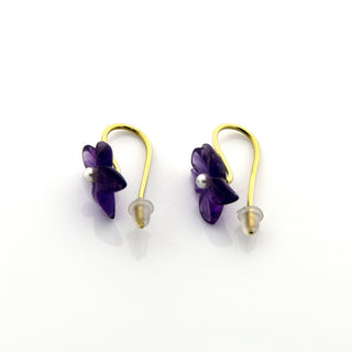 Ohrhänger Blüten aus 750 Gelbgold mit Perle und Amethyst, nachhaltiger second hand Schmuck perfekt aufgearbeitet