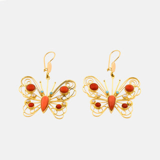 Ohrhänger Schmetterlinge aus 585 Rotgold mit Koralle, Bergkristall und Türkis, nachhaltiger second hand Schmuck perfekt aufgearbeitet