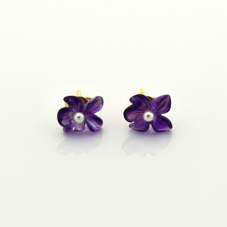 Ohrstecker Blüten aus 750 Gelbgold mit Amethyst und Perle, nachhaltiger second hand Schmuck perfekt aufgearbeitet