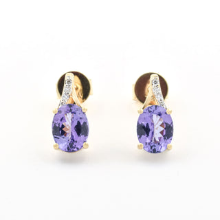 Ohrstecker aus 750 Gelbgold mit Tansanit und Brillant, nachhaltiger second hand Schmuck perfekt aufgearbeitet