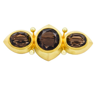 P. und M. Heyden Brosche aus 750 Gelbgold mit Rauchquarz, nachhaltiger second hand Schmuck perfekt aufgearbeitet