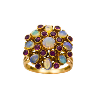 Rubinring aus 585 Gelbgold mit Opal, nachhaltiger second hand Schmuck perfekt aufgearbeitet