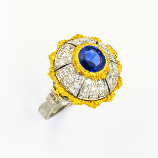 Saphirring aus 750 Gelb- und Weißgold mit Diamant, nachhaltiger second hand Schmuck perfekt aufgearbeitet