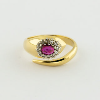Rubinring aus 750 Gelb- und Weißgold mit Diamant, nachhaltiger second hand Schmuck perfekt aufgearbeitet