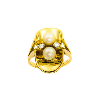 Ring aus 585 Gelb- und Weißgold mit Perle und Brillant, nachhaltiger second hand Schmuck perfekt aufgearbeitet
