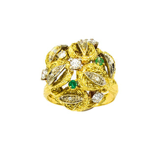 Ring aus 750 Gelb- und Weißgold mit Smaragd, Brillant und Diamant, nachhaltiger second hand Schmuck perfekt aufgearbeitet