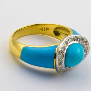 Ring aus 750 Gelb- und Weißgold mit Türkis und Diamant, nachhaltiger second hand Schmuck perfekt aufgearbeitet