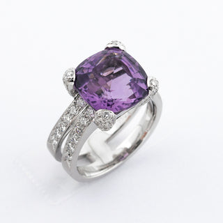 Ring aus 585 Weißgold mit Amethyst und Brillant, nachhaltiger second hand Schmuck perfekt aufgearbeitet