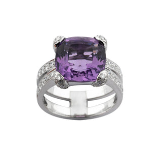 Ring aus 585 Weißgold mit Amethyst und Brillant, nachhaltiger second hand Schmuck perfekt aufgearbeitet