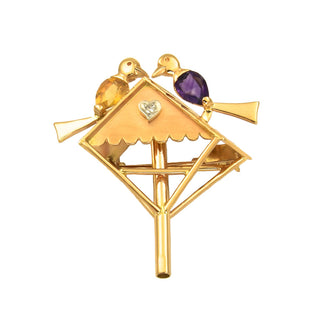 Brosche Vögel aus Roségold mit Amethyst, Citrin und Diamant