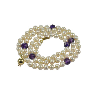 Perlenkette mit Amethyst und Schließe aus Gelbgold