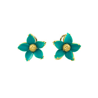 Ohrstecker Blumen aus Gelbgold mit Türkis und Diamant