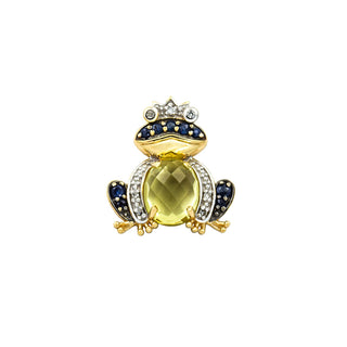 Anhänger Frosch aus Gelb- und Weißgold mit Saphir, Prasiolith und Diamant