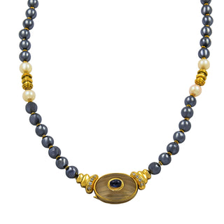 Collier aus Gelbgold mit Saphir, Bergkristall und Brillant, neuwertig