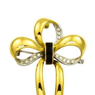 Anhänger/Brosche Schleife aus 750 Gelb- und Weißgold mit Citrin und Brillant, nachhaltiger second hand Schmuck perfekt aufgearbeitet